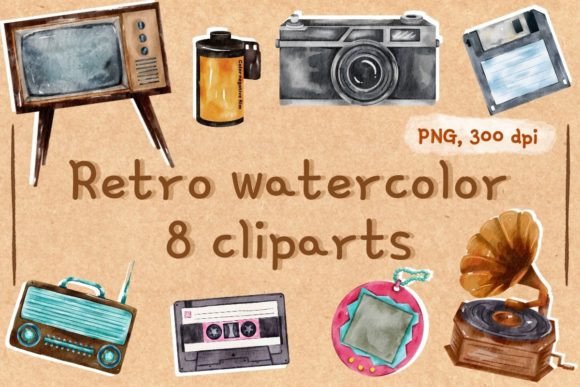 Vintage Charm with Modern Utility: Retro Watercolor Cliparts